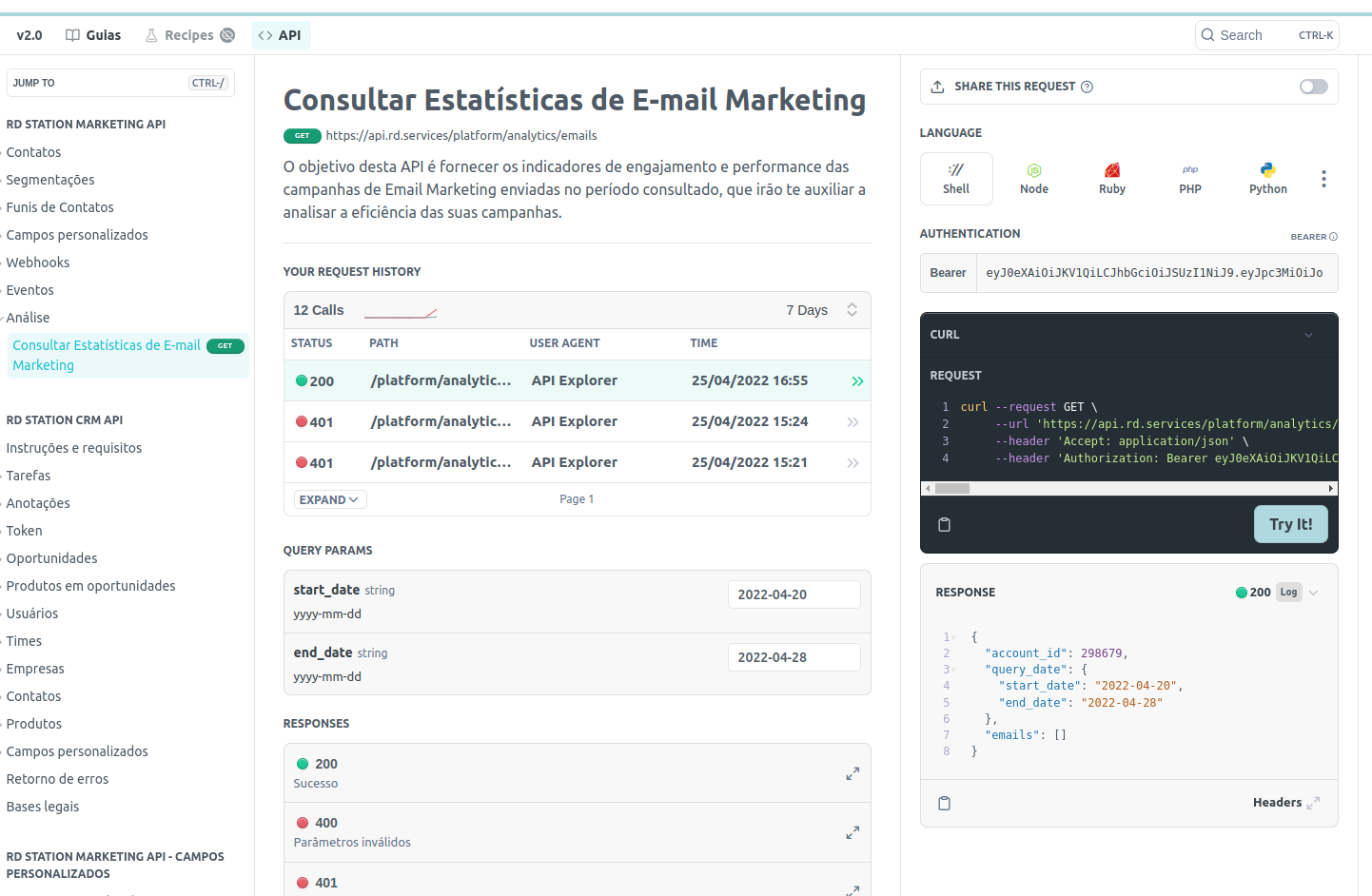 Imagem mostrando o uso da interface do portal de desenvolvedor para consultar Estatísticas de E-mail Marketing