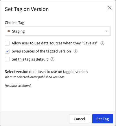 Image of Set Tag on Version modal with Swap sources of tagged version checked