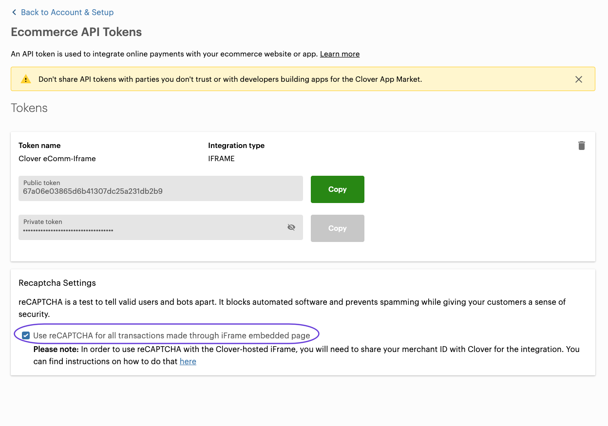 Merchant Dashboard: reCAPTCHA setting for iframe embedded page