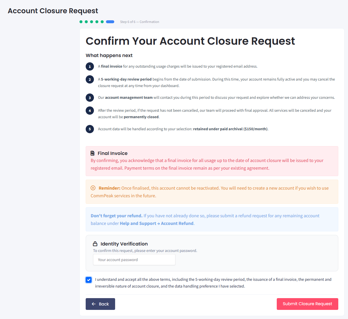 Screenshot of the Step 6: Confirm Your Account Closure Request 