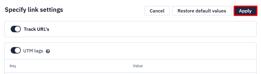 Track URLs switcher in email link settings