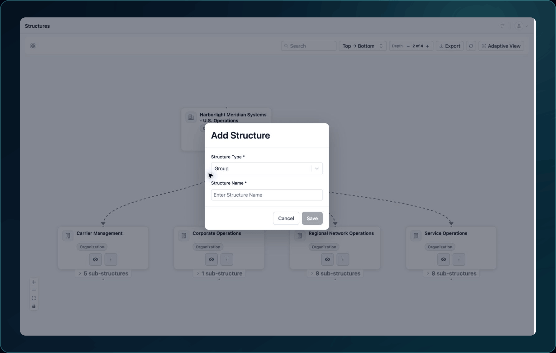 Add Structure dialog showing the Structure Type and required Structure Name fields.