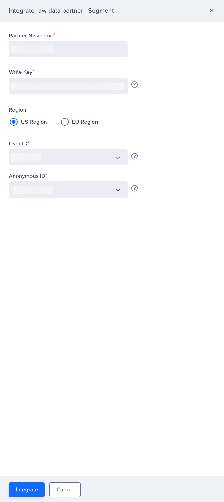 Enter Segment Project Details to Integrate