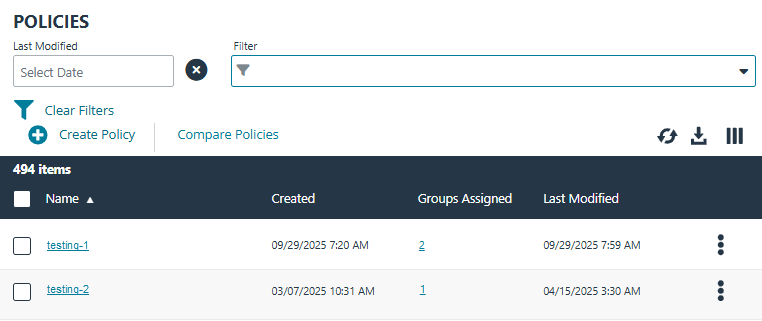 Policies page displaying the Last Modified column