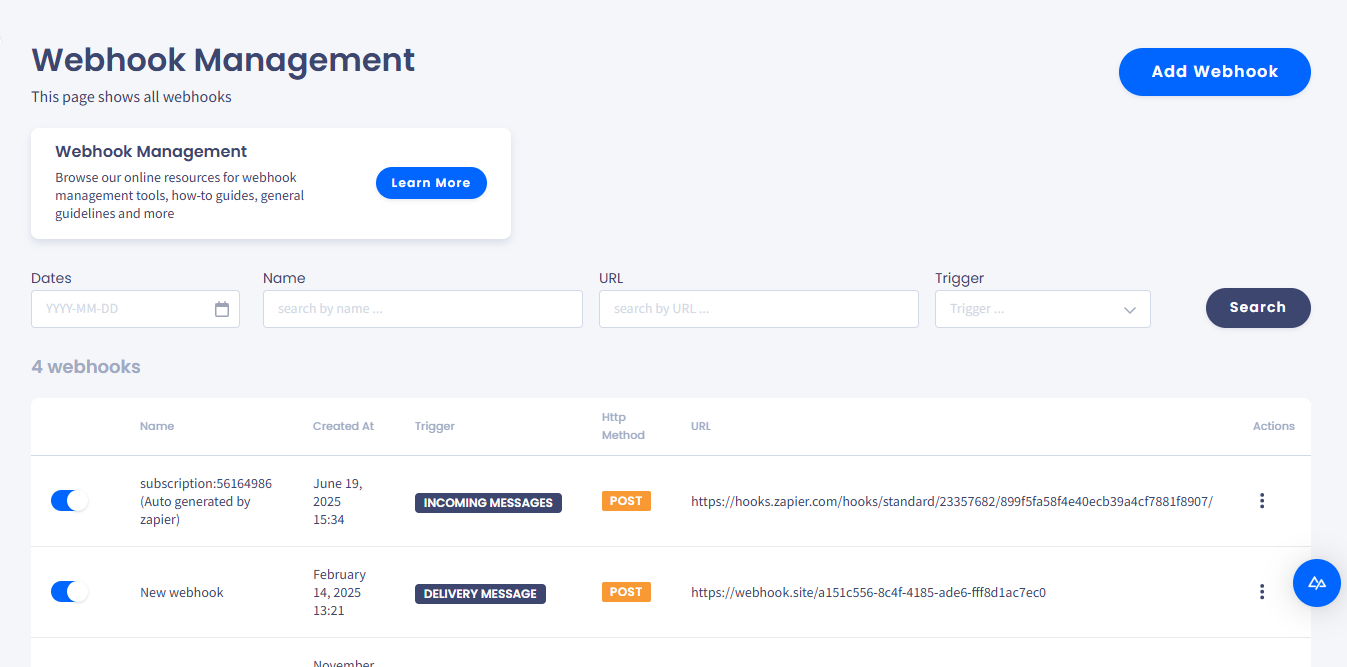 Screenshot of the Webhooks menu tabs