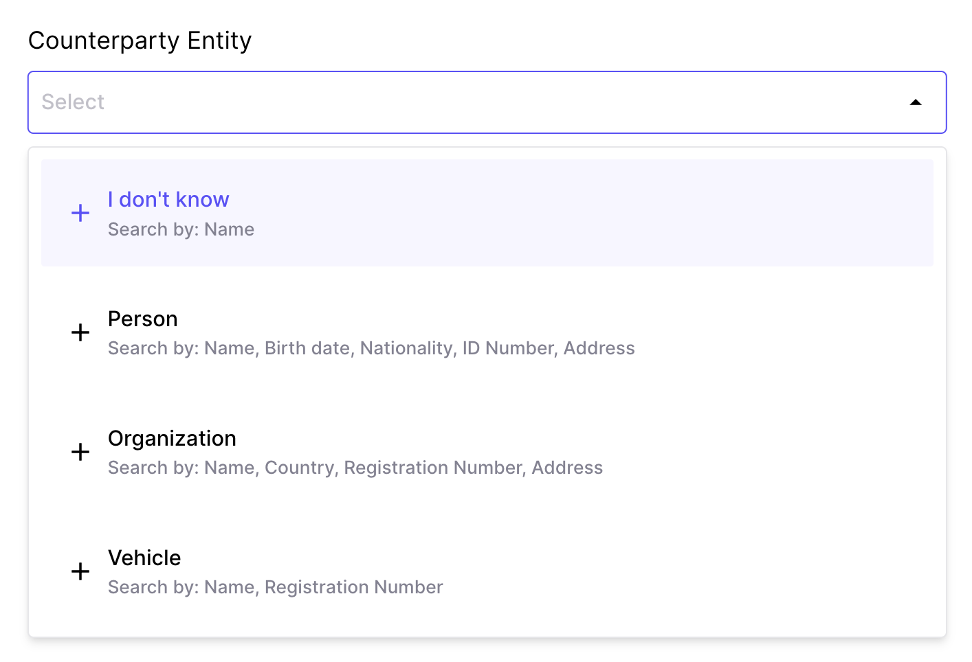 Choose the type of entity to search from, depending on the information available