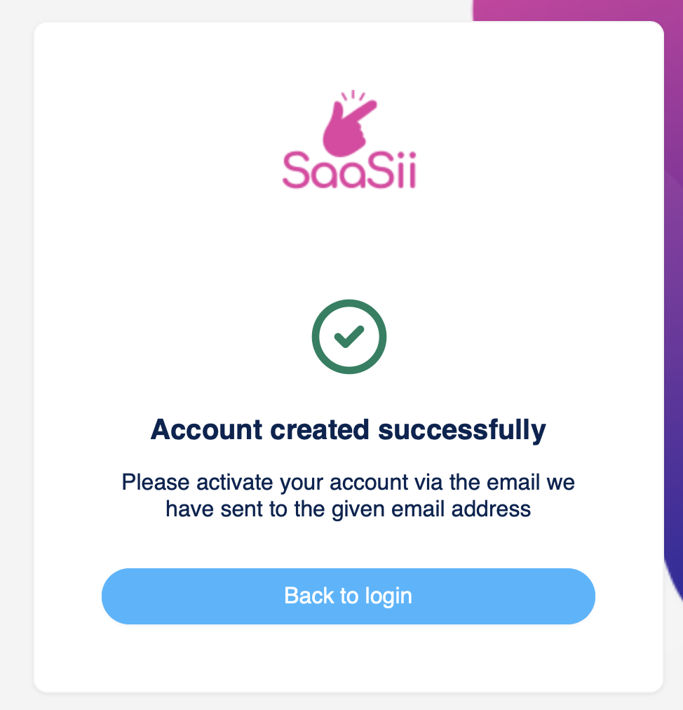 Success screen stating the account was created succesfully