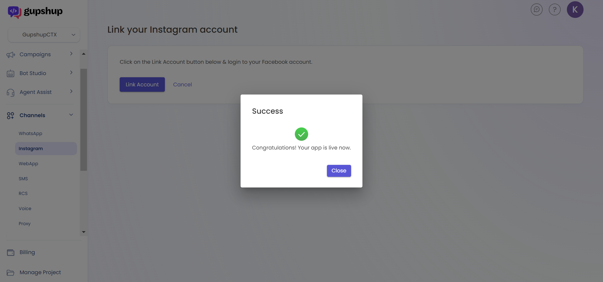 Gupshup success message post linking your Instagram account