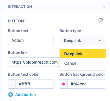 Screenshot of native in-app message interaction configuration