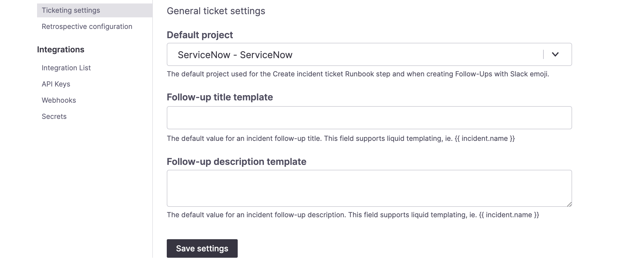 Setting ServiceNow as the default project in settings