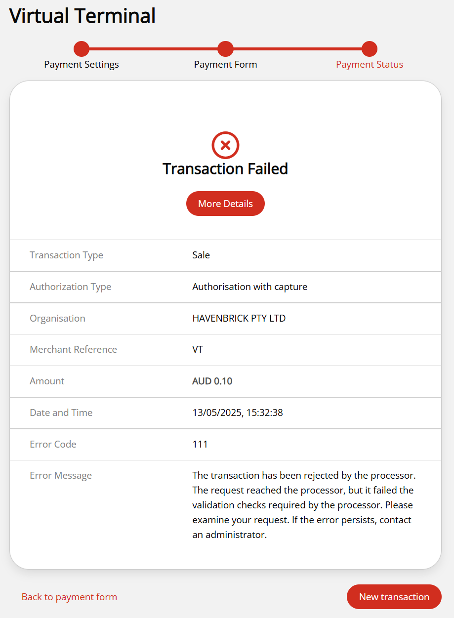 A failed Virtual Terminal transaction
