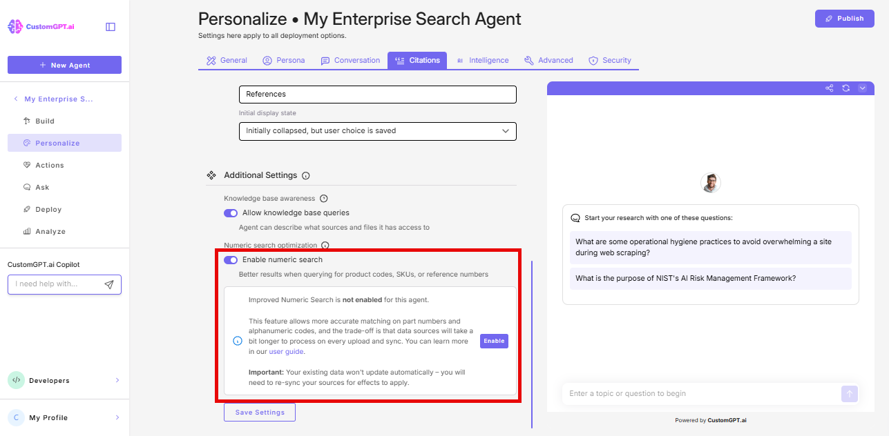 Improved numeric search banner in Citations tab