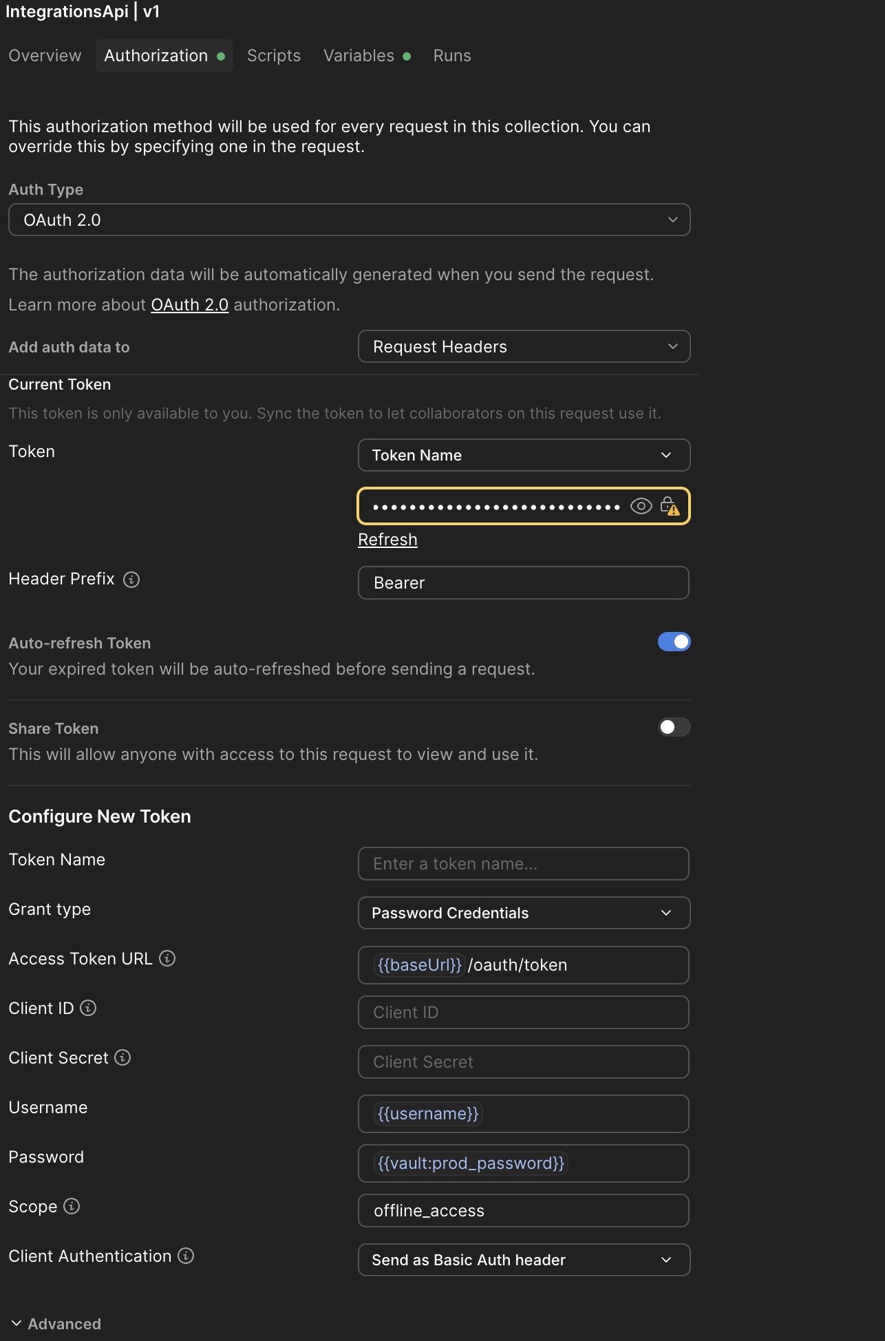 Postman API request configuration