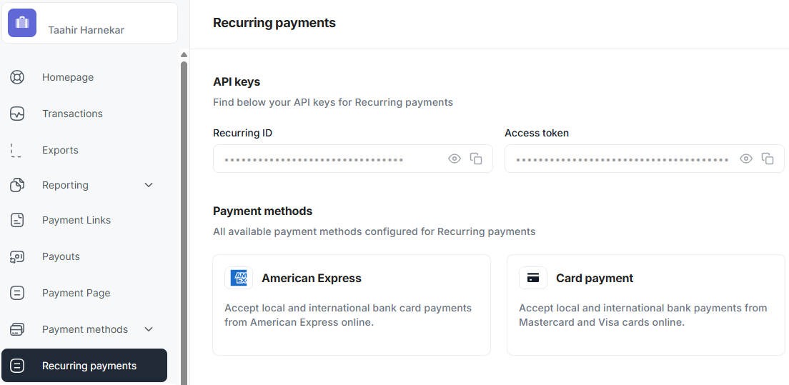 Recurring payments credentials.