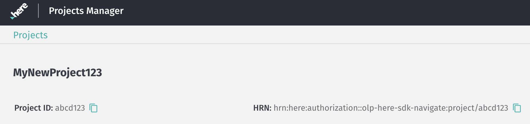 Screenshot: Find the HRN for your project.