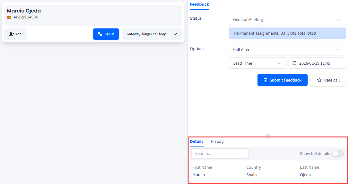 Lead details and history sections