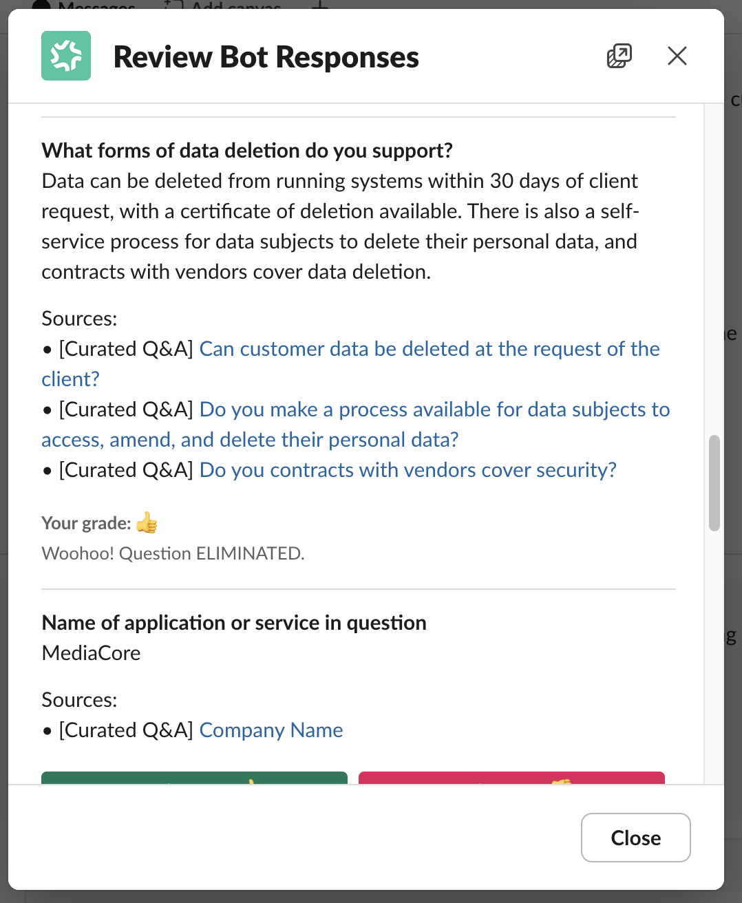 The Review Bot Responses modal after marking an answer, showing the answer with its sources and a confirmation reading 'Your grade: 👍 Woohoo! Question ELIMINATED.'