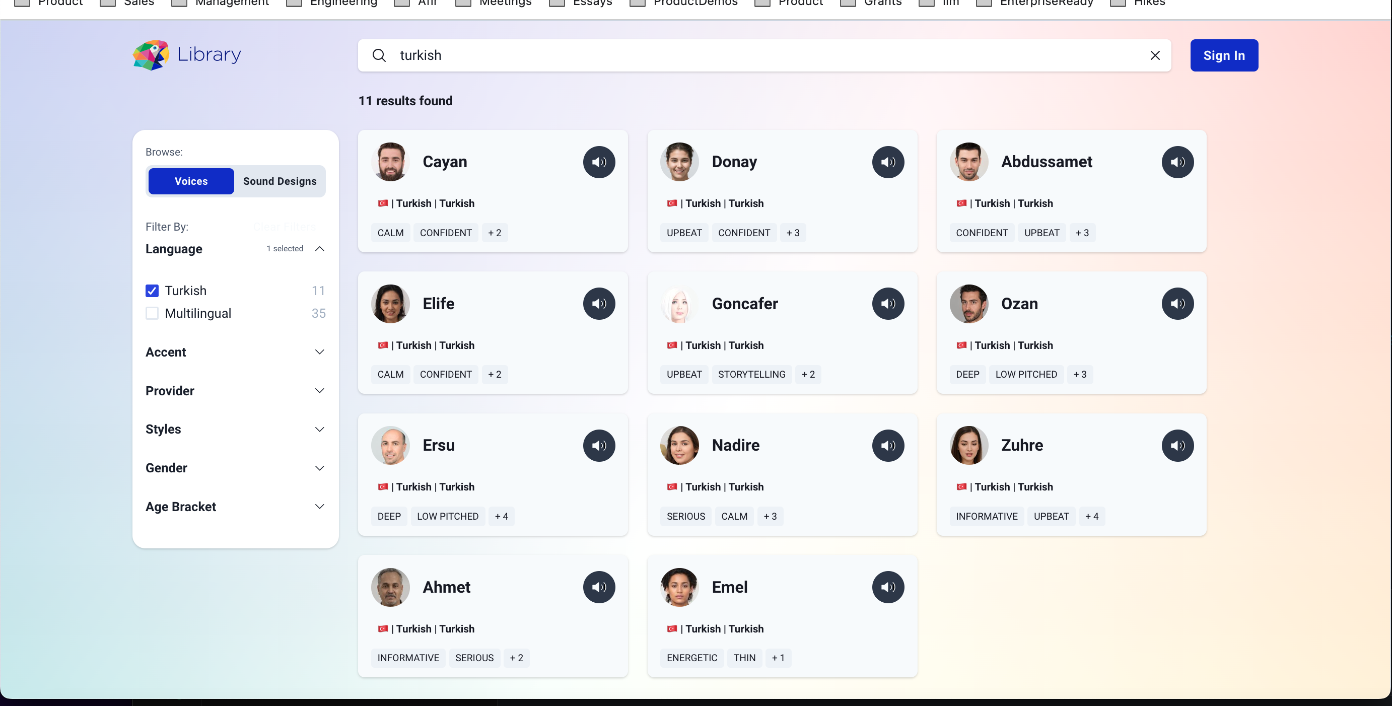Our Voice Library - showing searching for our Turkish voices. We have over 60 languages and over 1300 voices