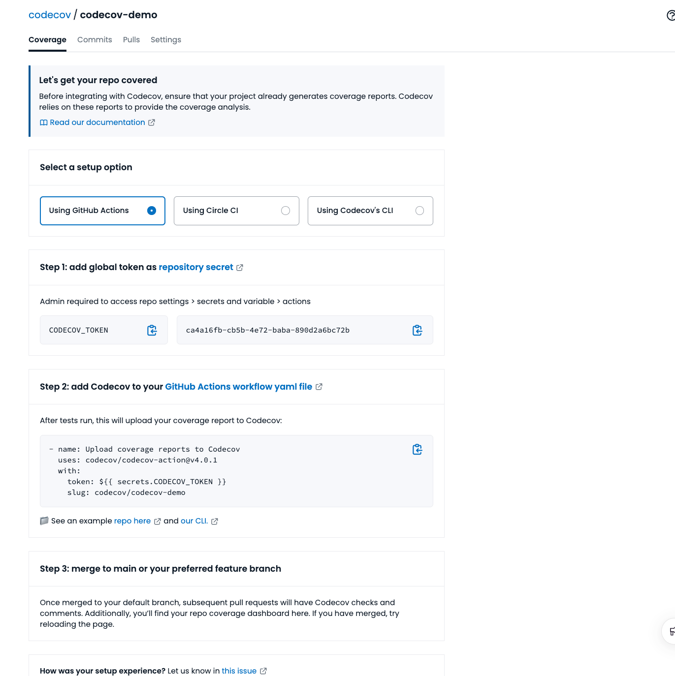 Screenshot of the Getting started page, showing the upload token and instructions on how to use the GiHub Action to upload