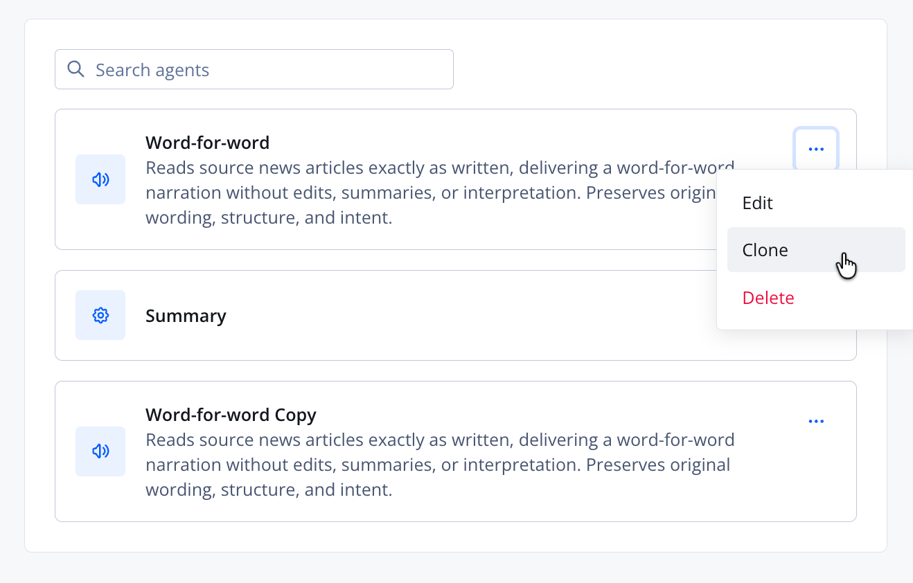 Clone option on the Transformation agents tab