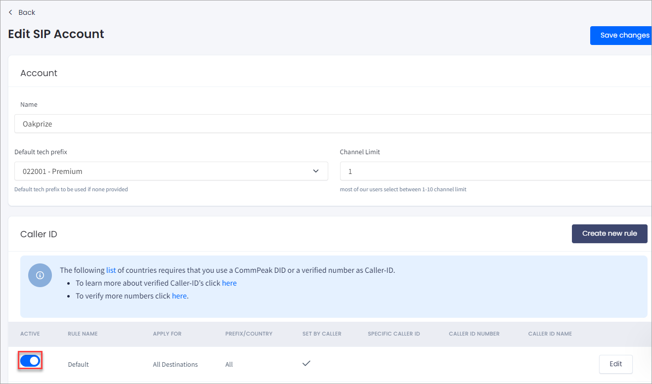 Screenshot of activating a dynamic Caller ID rule