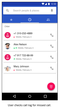 A screenshot displaying an example of an end user checking the call log for a missed call to retrieve a verification code.