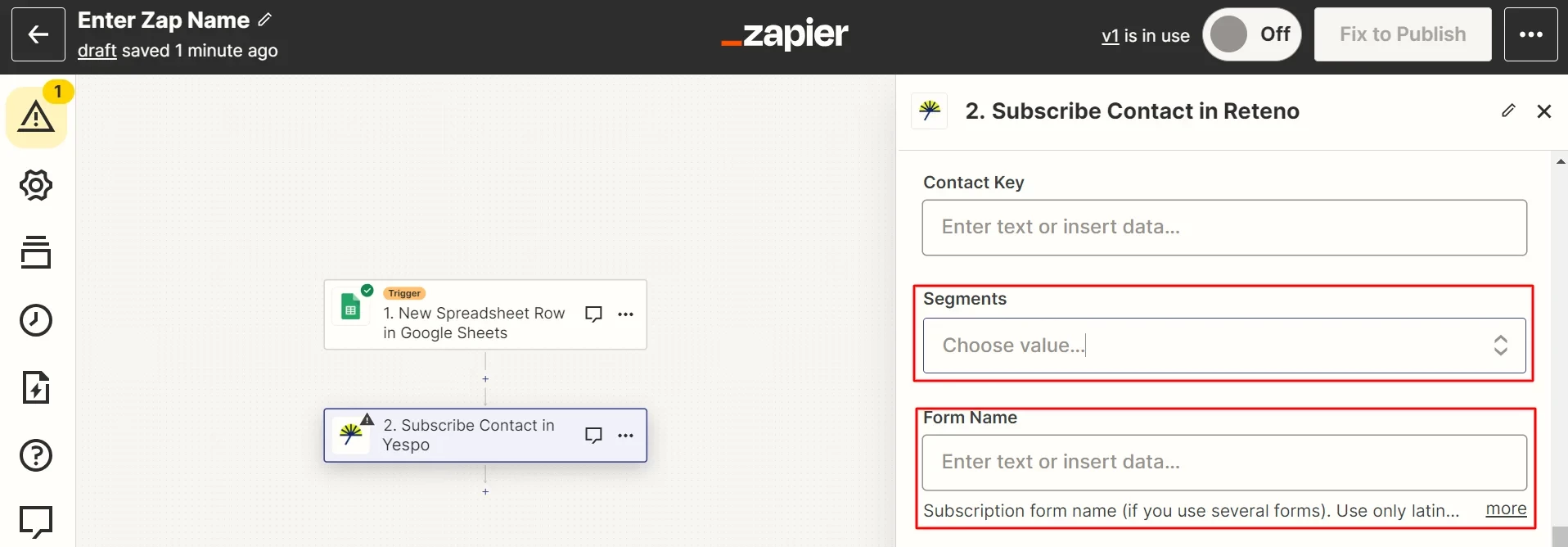 Zapier action setup panel with empty Segments and Form Name fields highlighted