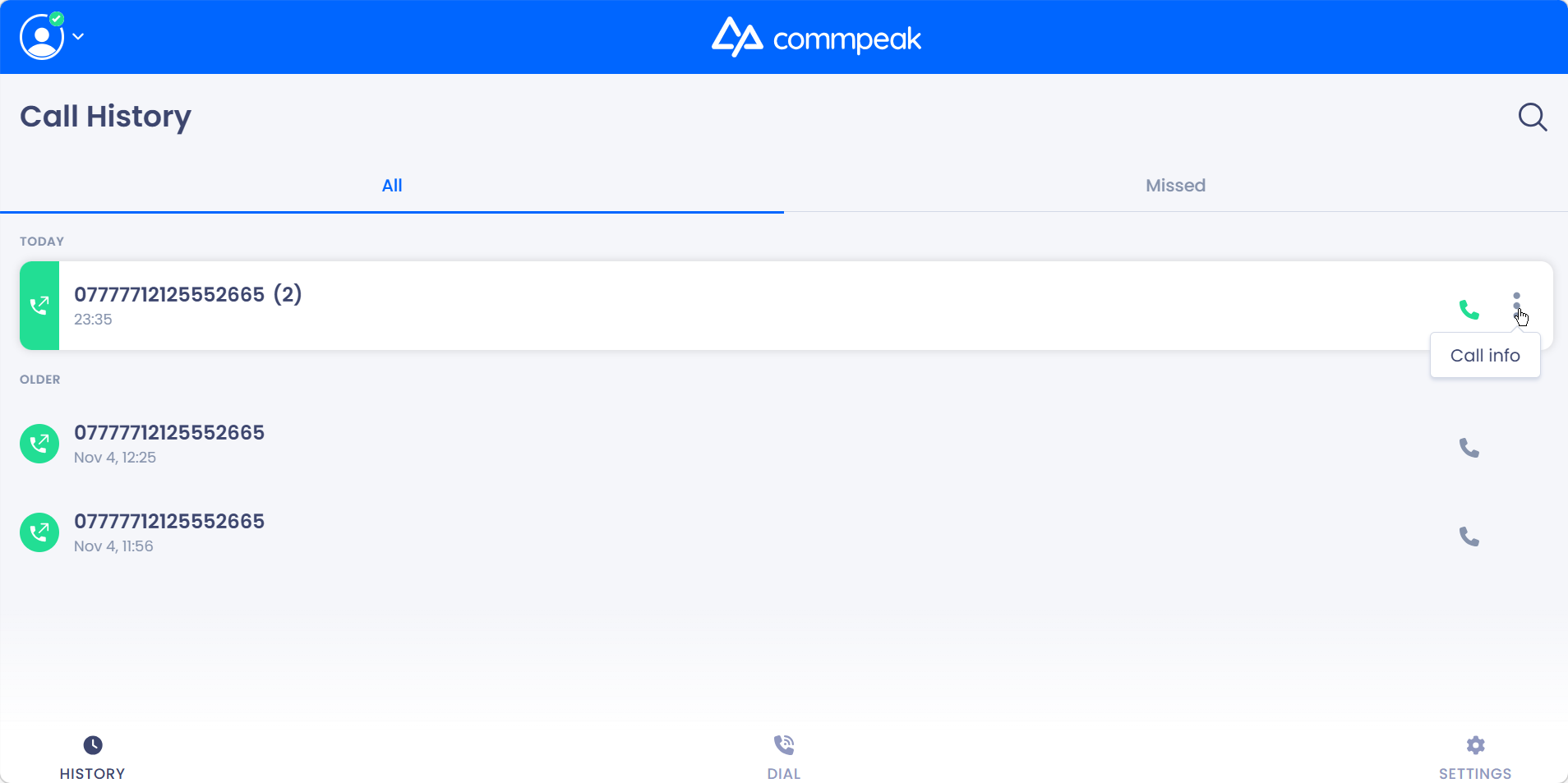 Screenshot of the Call info button