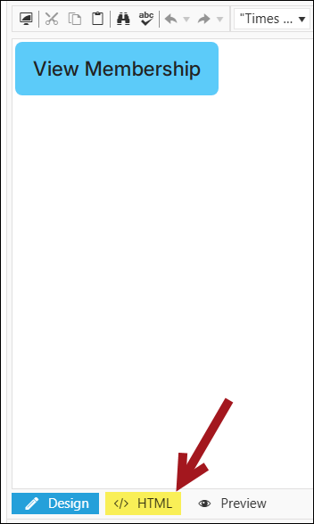 Screenshot of the content item editor, which shows an arrow pointing to the HTML button.