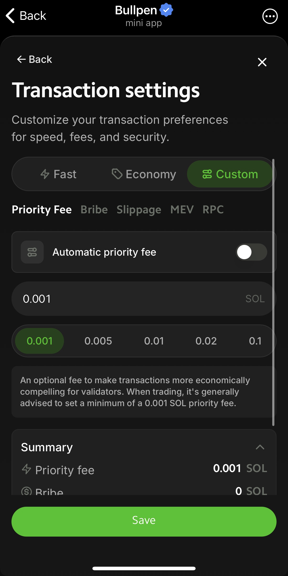 Custom transaction settings