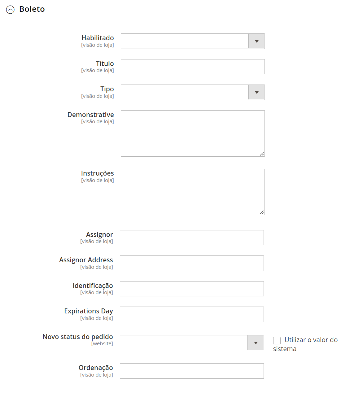 Tela de configuração de Boleto