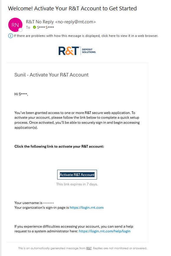 Activation email with activation link