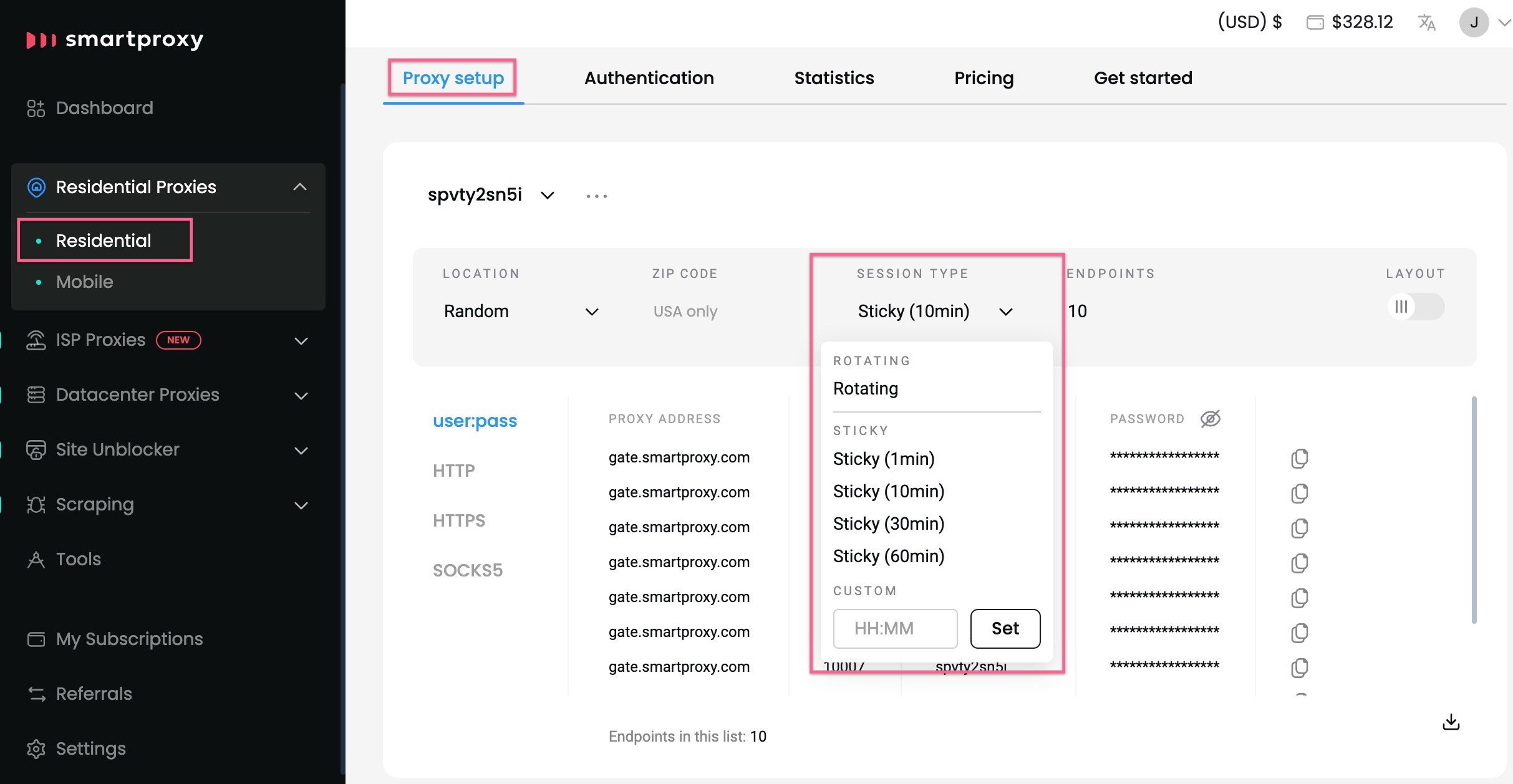 Proxy setup – sticky session type selection.