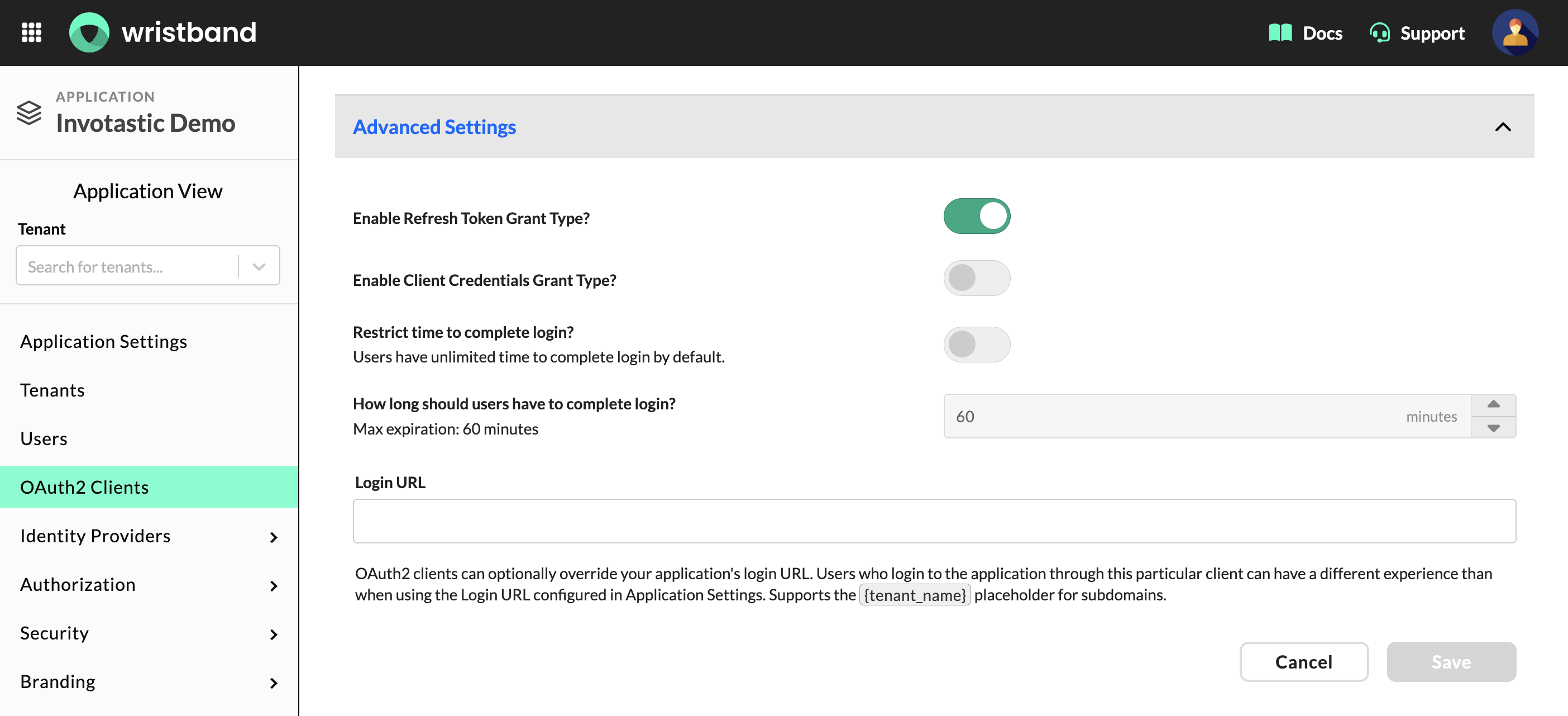Advanced Settings section for a Backend Server client showing grant type toggles, login session duration, and Login URL