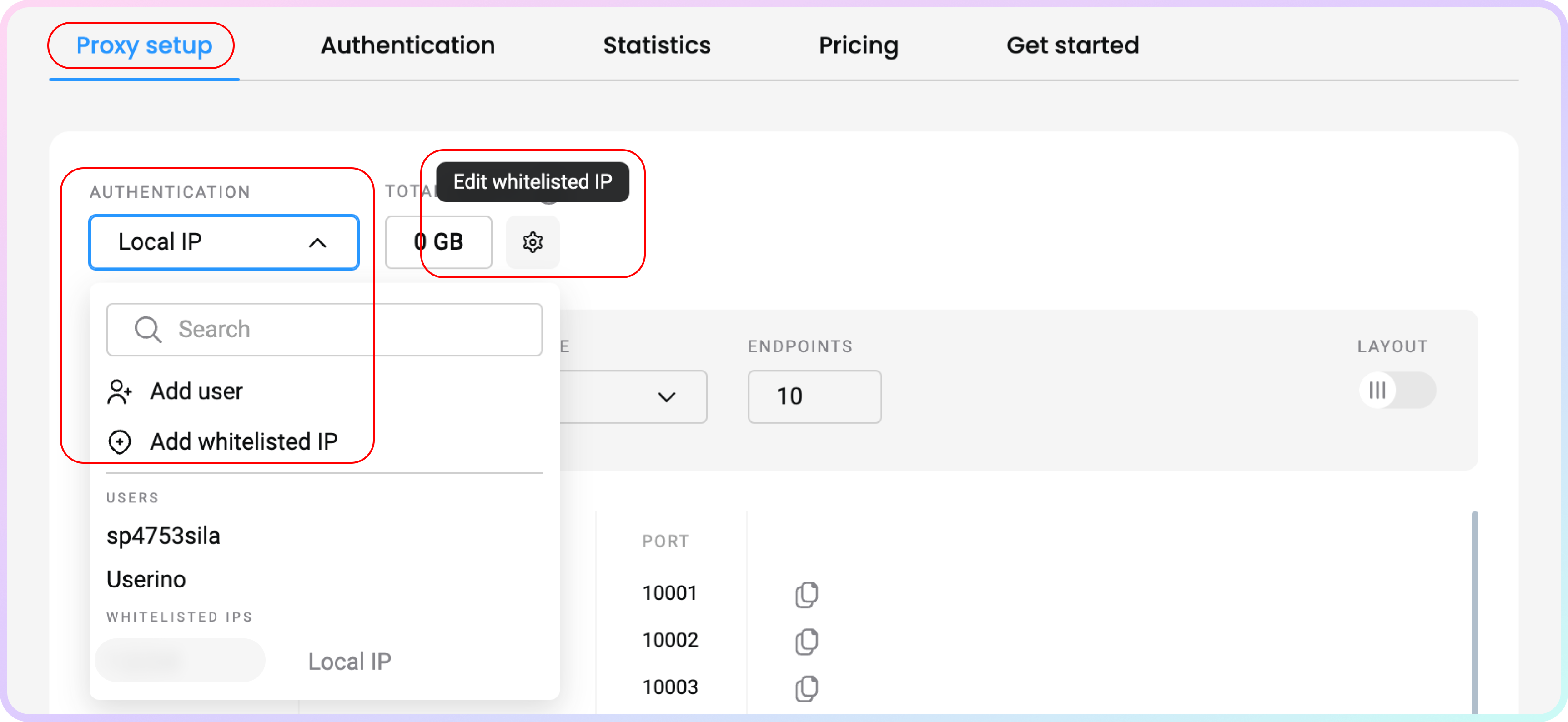 Proxy section – whitelisted IP management.

