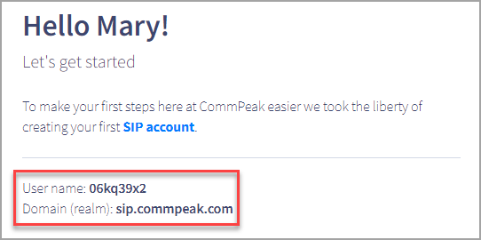 Screenshot of the CommPeak Portal welcome screen with user credentials and domain