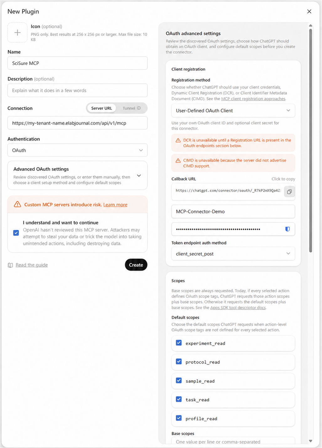 ChatGPT OAuth advanced settings using a user-defined OAuth client, callback URL, masked secret, and SciSure scopes