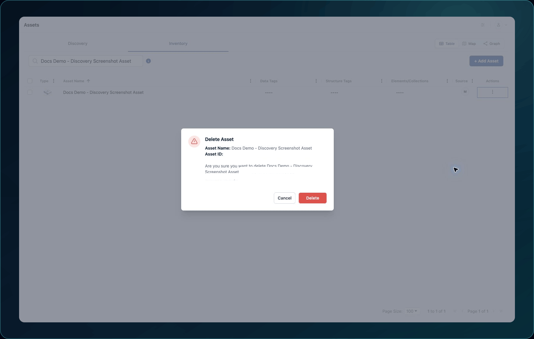 Delete Asset confirmation with the example Asset shown and record identifiers masked.