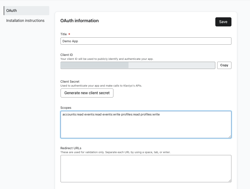 Demo app draft page in Klaviyo showing OAuth settings including scopes