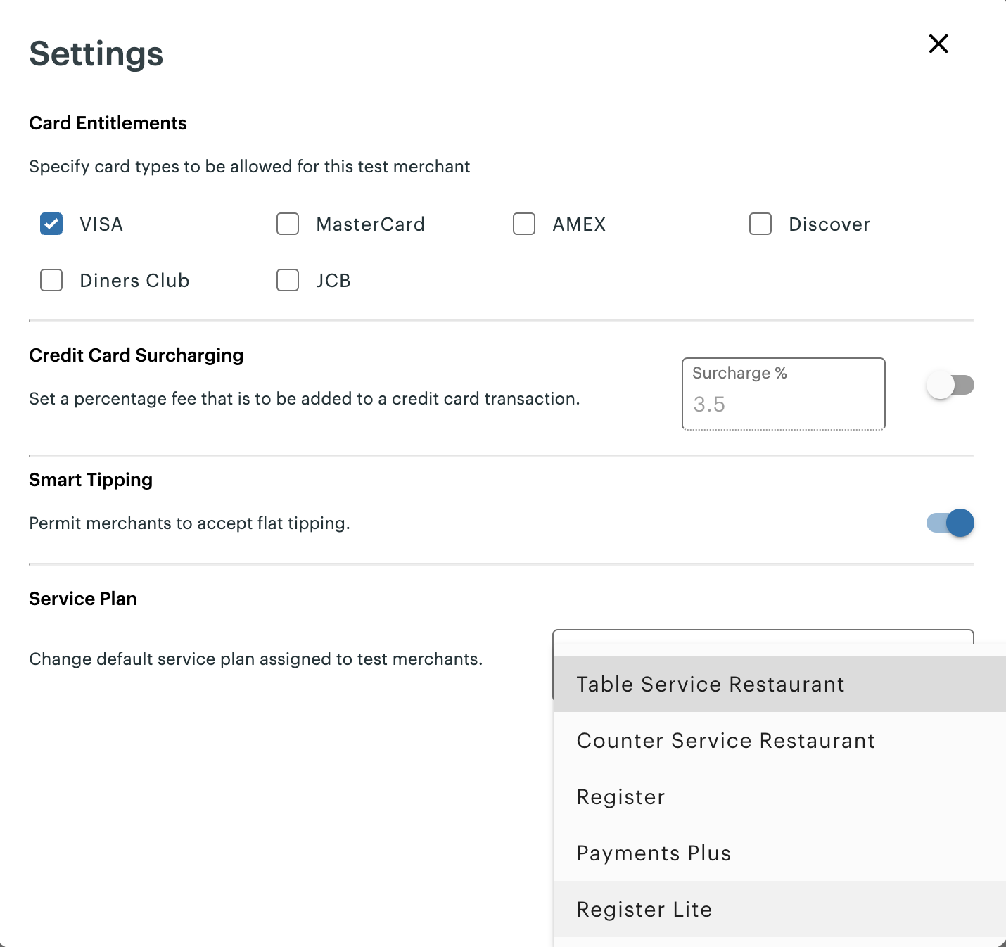 Test Merchant Dashboard - Settings pop-up