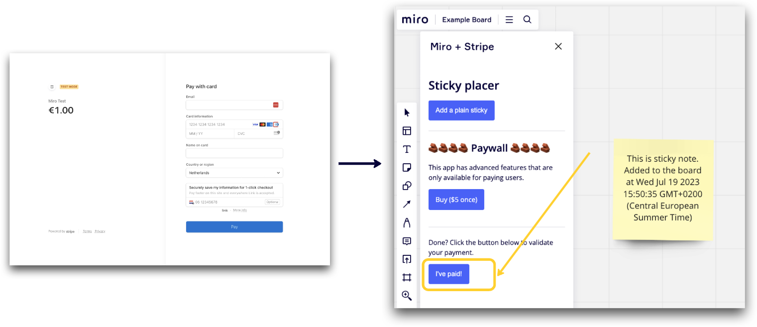 Figure 2. Miro + Stripe example app, purchase flow