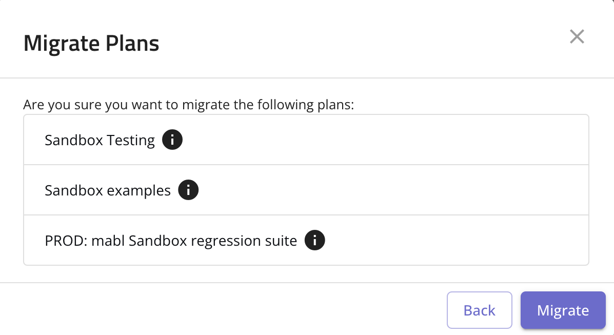 Confirm selection of plans to migrate
