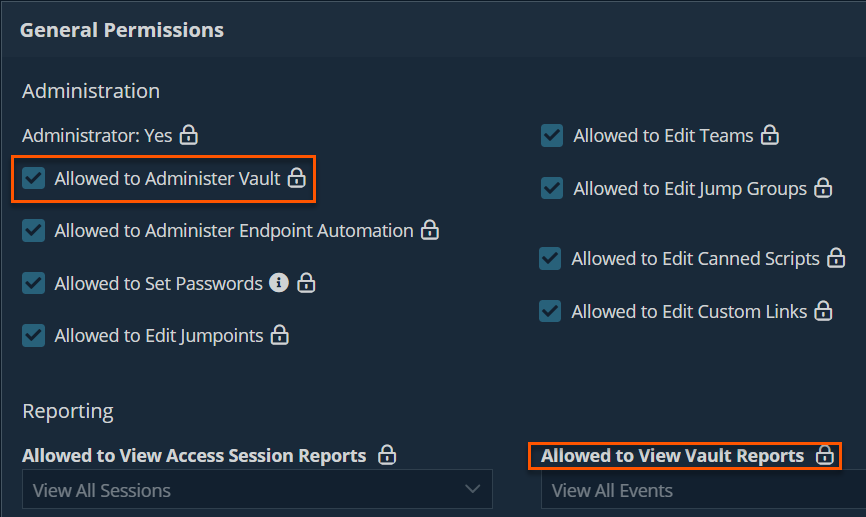 Displays the Allowed to Administer Vault checkbox and the Allowed to View Vault Reports dropdown box.