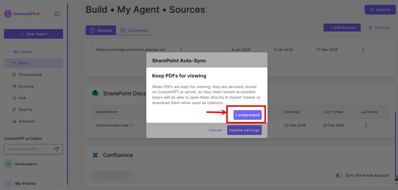 I understand button on the Sharepoint auto-sync modal