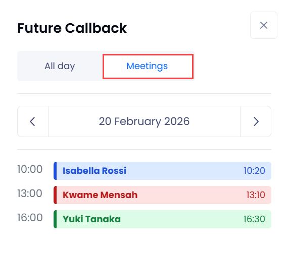 Screenshot of the Future Callback > Meetings tab