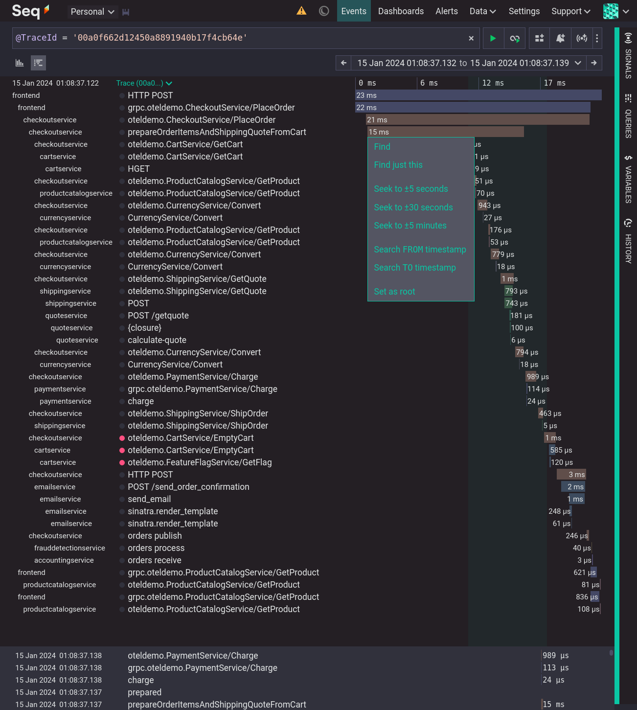 A large trace with a span menu open