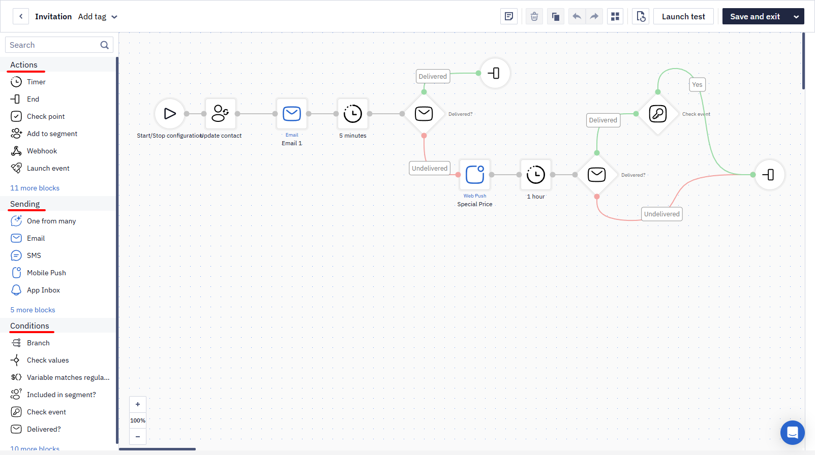 Workflow block panel with the Actions, Sending, and Conditions group headers underlined