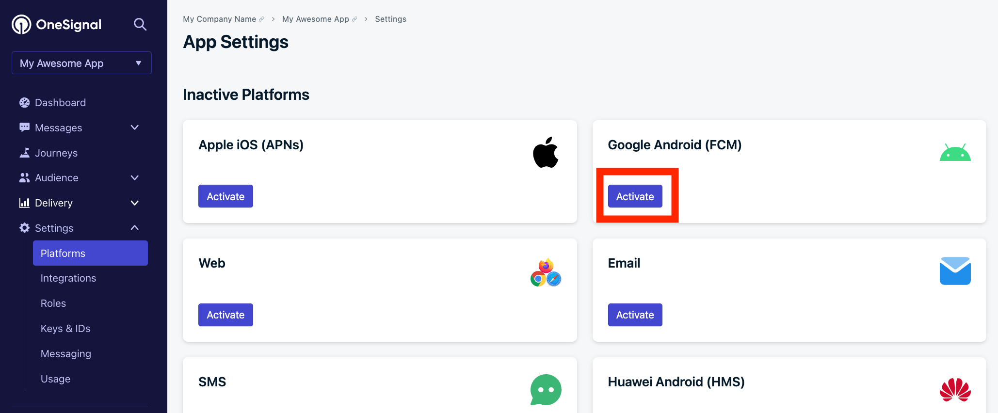 Platforms screen within OneSignal app settings