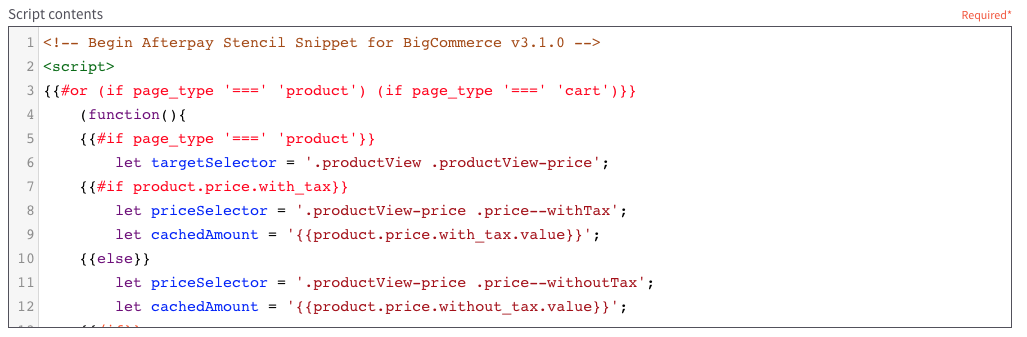 Big Commerce Script Editor.png Example of our code copied to `Script contents`