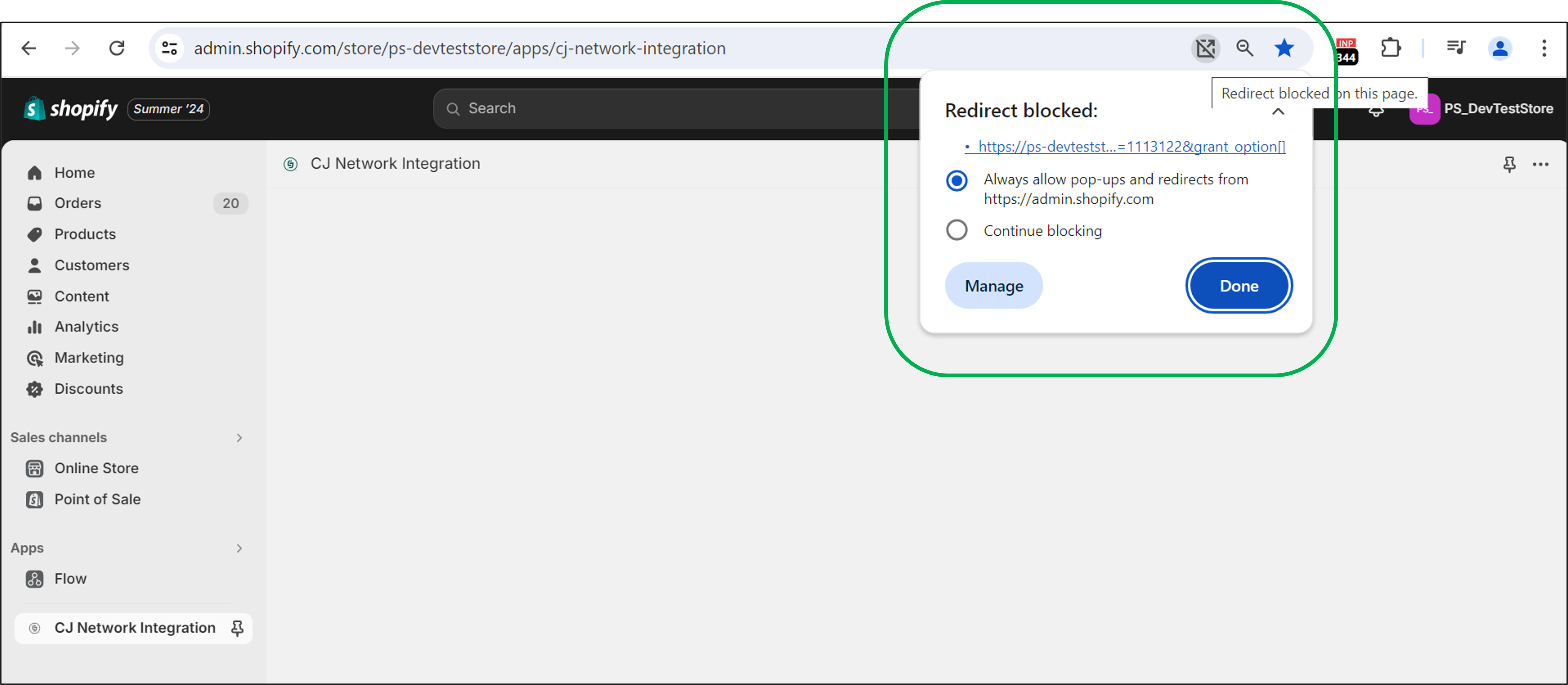 Allow pop-ups and redirects in browser address bar
